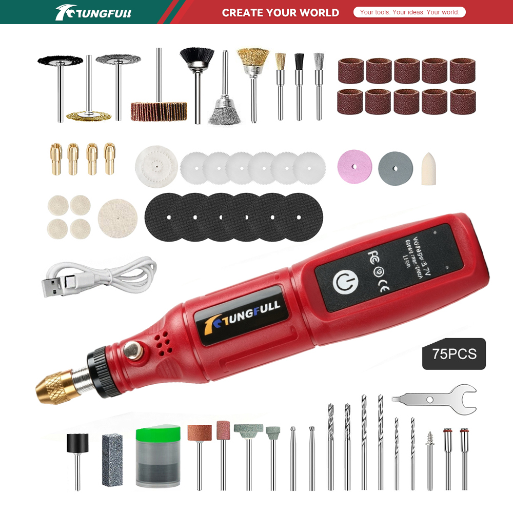 Power Tools Workshop - TUNGFULL เครื่องมือโรตารี่ไร้สาย 3.7V ชาร์จผ่าน USB ปากกาแกะสลักขนาดเล็ก