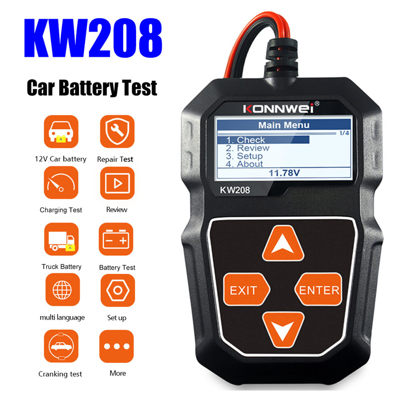 Power Tools English - เครื่องทดสอบแบตเตอรี่รถยนต์ KONNWEI KW208 12V เครื่องวิเคราะห์แบตเตอรี่มอเตอร์ไซค์ 100-2000CCA